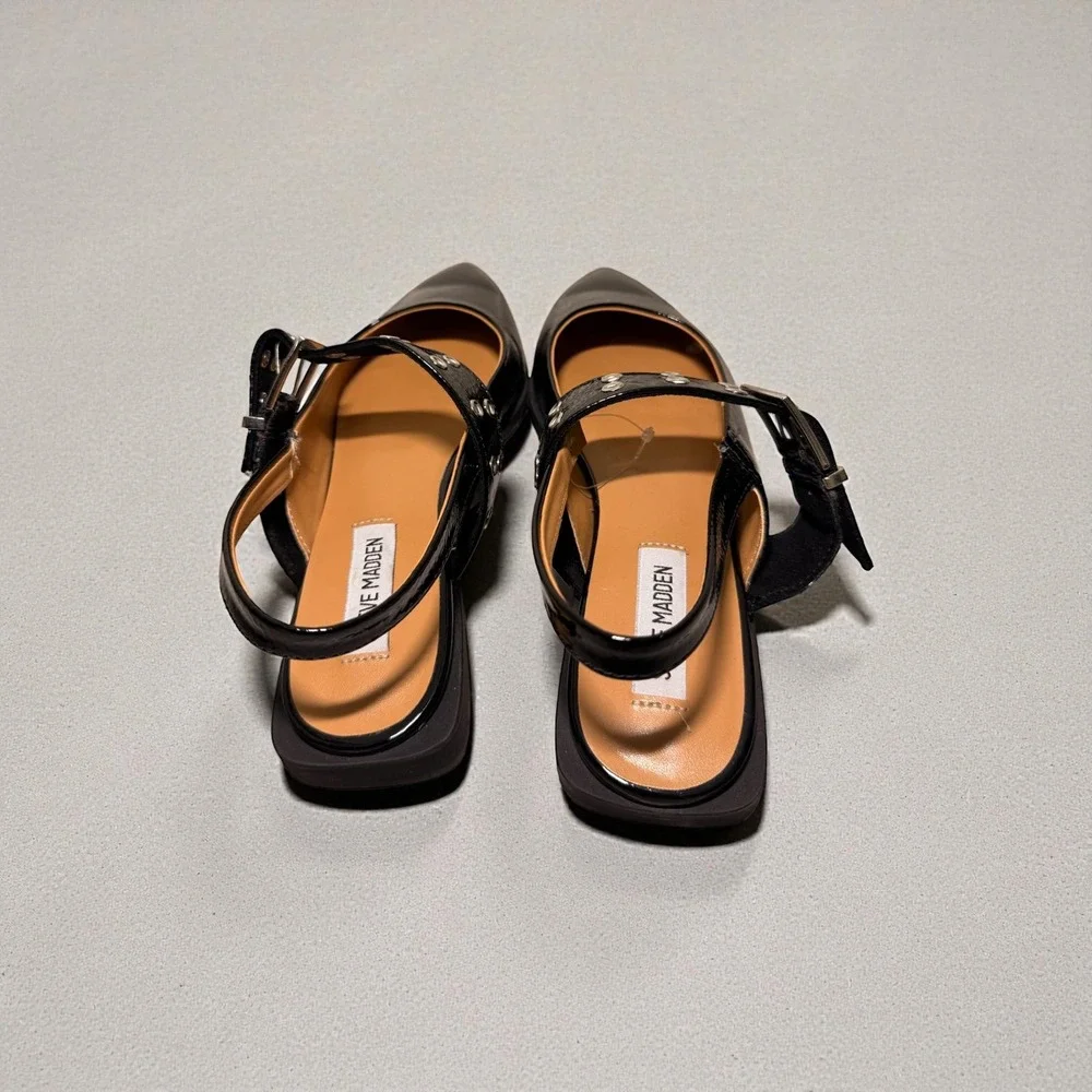 Steve Madden Black Pointed Toe Slingback Flats with Studded Strap - Picture 4 of 5